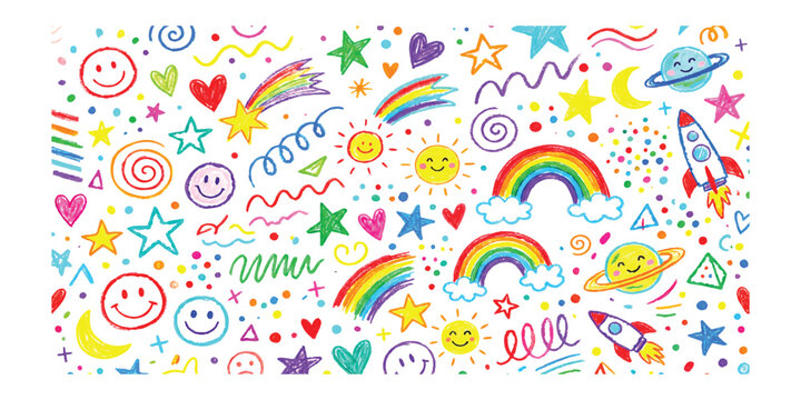 Colorful hand drawn doodle pattern with rainbows stars rockets and smiling faces
