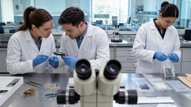 Scientists Comparing Fiber Samples Beside Laboratory Microscopes