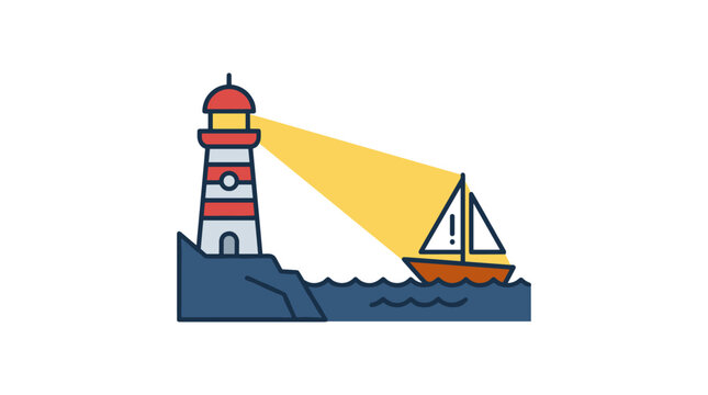 Flat vector illustration of a lighthouse beam sweeping across water and catching a small boat labeled with an exclamation mark