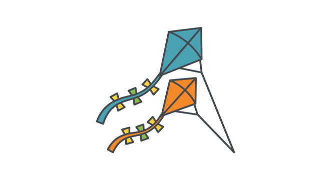 Two colorful kites flying in tandem, with tails marked with dates, on a white background, flat vector illustration