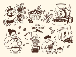 Fototapeta premium Coffee from farm to cup vector set showing the coffee production process in sequence, from harvesting and roasting to grinding and brewing, in warm brown doodle art on a cream background