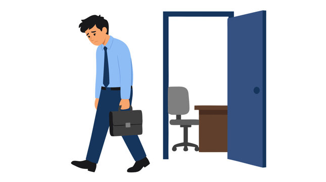 Disappointed Young Businessman In Button Up Shirt And Tie Walking Away From Office Doorway With Slumped Shoulders Looking Down Sad Job Rejection Layoff Termination Concept Vector Illustration