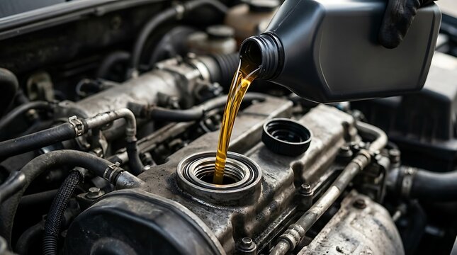 Mechanic pouring fresh motor oil into car engine