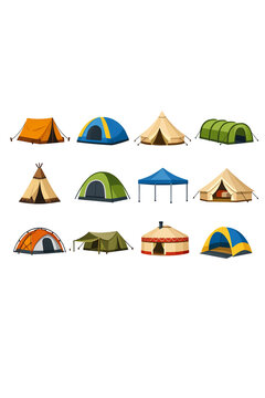 An illustration showcasing various types of tents used in camping and outdoor activities.