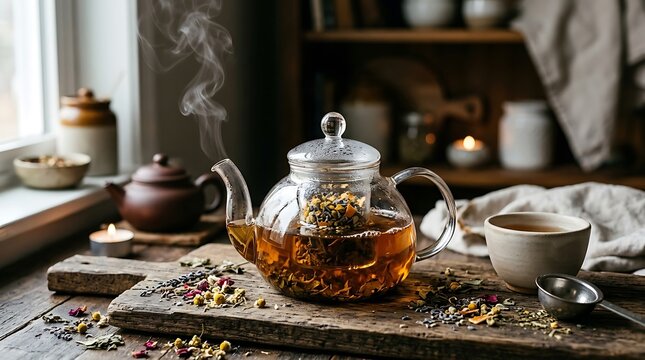 Glass teapot with herbal tea and cup on wooden board
