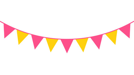 Fototapeta premium Festive bunting banner with triangular pennant flags in bold pink and yellow flat colors, celebration party decoration string - professional high resolution commercial detailed commercial stock