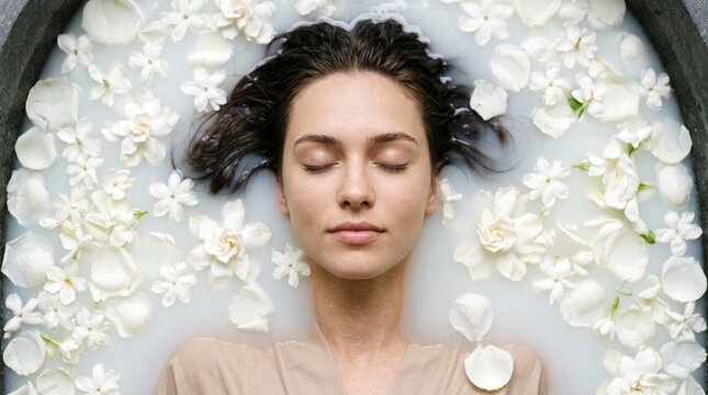 Top-down close-up view of a young woman floating in a milky spa bath with fresh white flower petals, closed eyes, peaceful expression, high-fashion editorial spa imagery