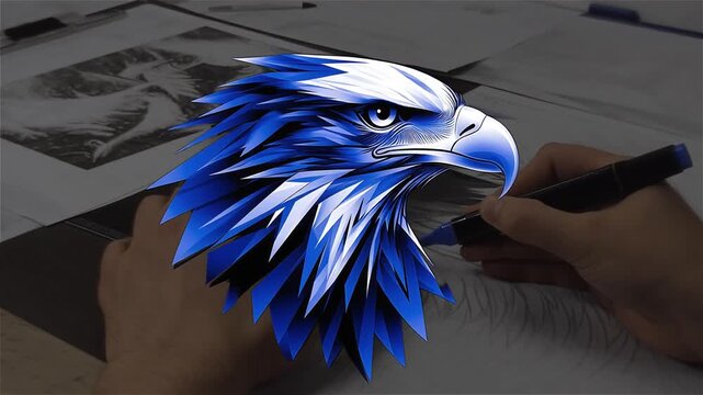 Blue eagle mascot logo animation, digital bird head illustration overlay, creative artist sketching process background