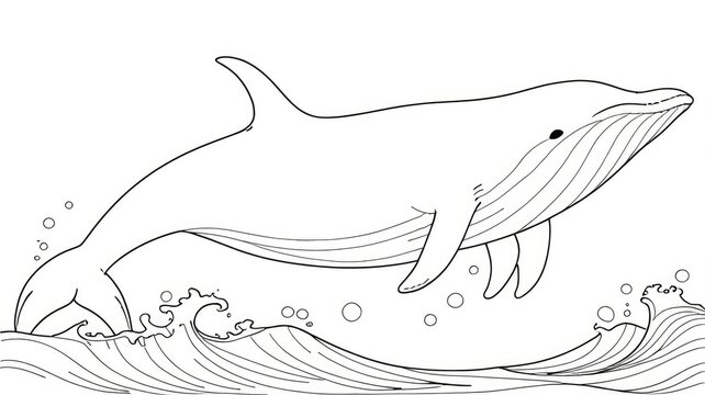 A simple outline drawing of a dolphin swimming over ocean waves. Children book coloring page layout template, creative educational hobby sheet.