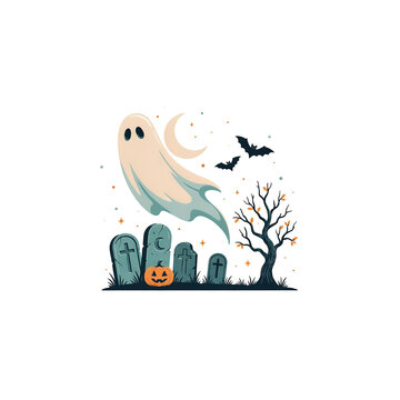 A friendly ghost floats over a spooky graveyard with a pumpkin isolated on a transparent background
