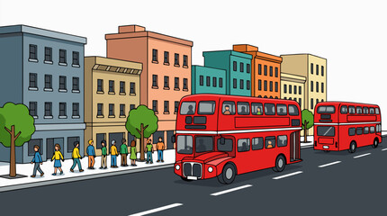 Obraz premium Red double decker tour bus driving down busy city street with another bus behind, colorful simplified buildings and pedestrians walking on sidewalk, flat vector illustration style