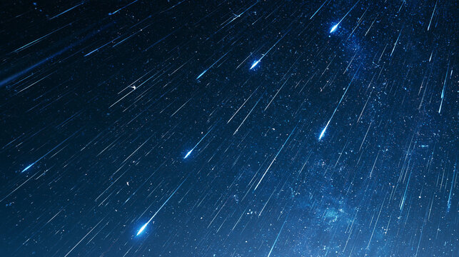 青い夜空を流れる美しい流星群の光の軌跡