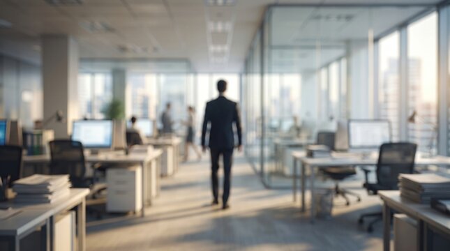 A modern office environment featuring desks with computers and employees. people walking The blurred perspective adds depth to the busy workplace atmosphere.