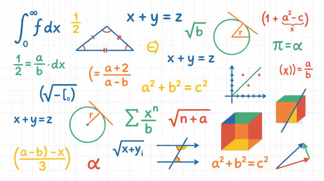 Colorful Handwritten Math Equations Floating on Graph Paper, Mathematical Formulas, Fractions, Integrals, Pythagorean Theorem, Geometric Diagrams, Circles, Cubes, 3D Shapes, Educational Vector