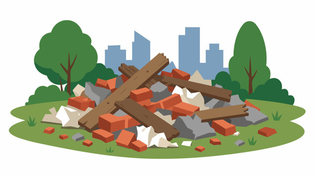 Illegal dumping of construction debris with broken red bricks, wooden planks and concrete rubble piled on grass in urban city park with green trees and modern skyline, flat vector illustration