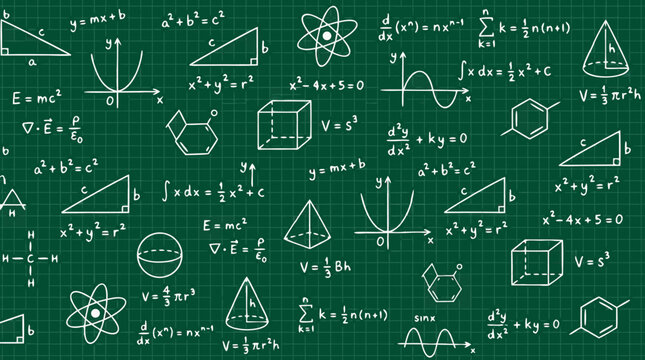 Seamless repeating vector pattern of hand-drawn mathematical and scientific formulas, equations and geometric shapes in white chalk on dark green grid chalkboard background for education and science