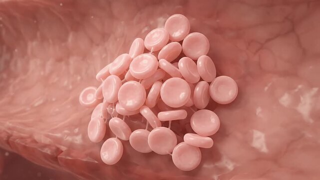 Platelets clustering and sealing a blood vessel, forming a blood clot to stop bleeding, microscopic view, hemostasis process