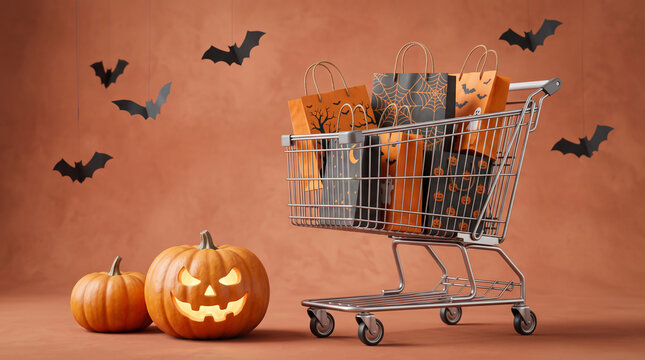 Halloween shopping cart filled with gifts and pumpkins on a warm orange background