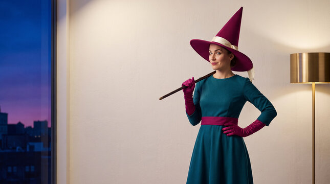 Woman dressed as a witch posing with a magic wand in an urban setting  