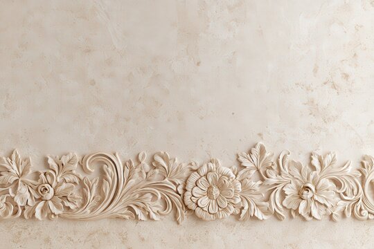 Ornate floral bas-relief carving on textured wall