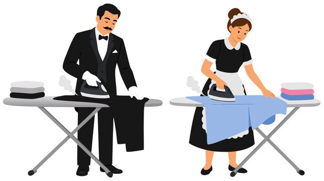 Professional butler and maid housekeeper ironing clothes on boards with steam irons, domestic staff pressing garments, flat vector illustration for hotel hospitality and housekeeping service