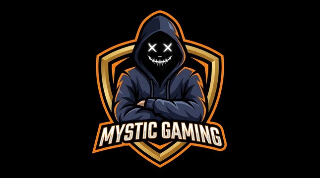 Mystic gaming esports mascot logo featuring a hooded character with cross eyes inside a golden shield emblem design
