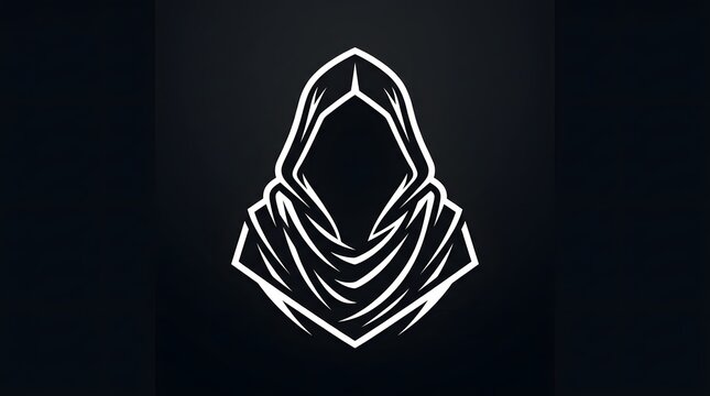 Minimalist white outline illustration of a mysterious hooded figure isolated on a dark black background for gaming design