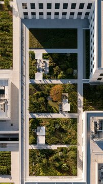 Aerial view of a modern building with lush green rooftop gardens and courtyards