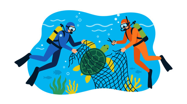 Two Scuba Divers in Wetsuits Gently Freeing Sea Turtle Entangled in Abandoned Fishing Net Beneath Clear Blue Ocean Water Coral Reef Marine Wildlife Conservation Protection Vector Illustration Flat