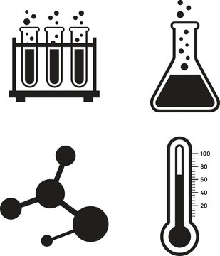 Chemistry equipment set with test tubes flask molecule and thermometer on white background
