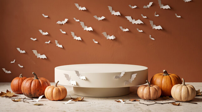 Halloween display with pumpkins and paper bats against a warm orange background