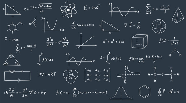 Seamless chalkboard pattern with white scientific formulas, mathematical equations, physics calculations, chemistry notations, geometric shapes, graphs and educational symbols on dark background