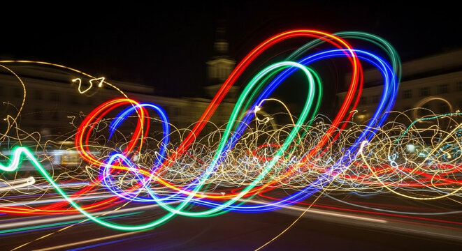 Light painting photography photo. Long exposure glowing neon loops in red, green, and blue. Urban night street scene with abstract light trails and motion blur. Creative visual background