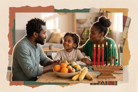 African American family sharing a warm Kwanzaa table with kinara, fruit and corn in a cozy home celebration mixed-media collage