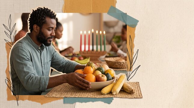 African American man arranging mazao on a woven mkeka with corn and fruit at a Kwanzaa family table in a warm documentary mixed-media collage