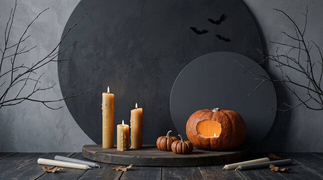 Halloween still life with jackolantern candles and branches in a moody dark setting