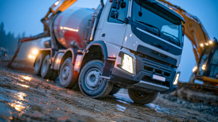 Obraz premium Heavy concrete mixer truck working on a rugged construction site at dusk with an excavator in the background, representing building, infrastructure and engineering