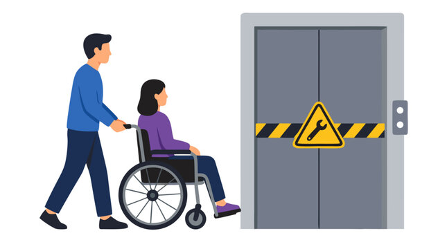 Accessibility barrier illustration: man pushing woman in wheelchair toward broken elevator with maintenance warning sign, flat vector design highlighting disability access challenges