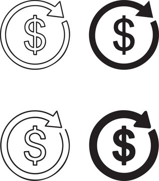 Dollar return icon set with filled and outline variations on a white background