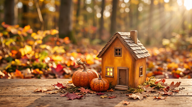 Miniature house and pumpkins among autumn leaves a cozy fall scene
