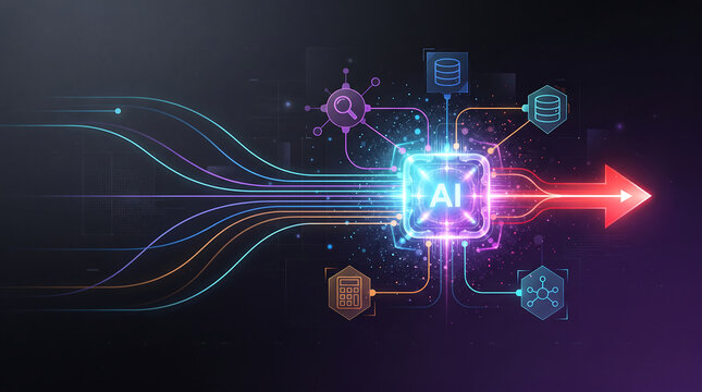 Artificial intelligence concept featuring glowing data streams and a central processing unit icon in an abstract digital space with neon hexagonal network connectivity