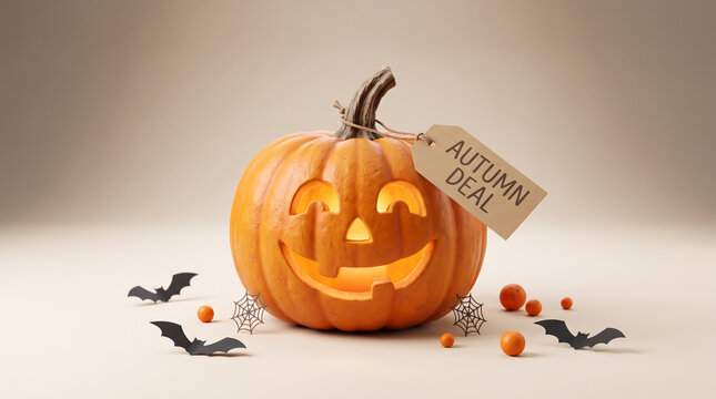 Jack o lantern with autumn deal tag and halloween decorations on a beige background