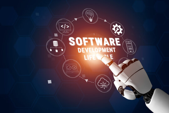 Futuristic Robot Hand Interacting with Software Development Life Cycle Icons on Dark Background in High-Tech Environment Quark.