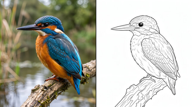 Kingfisher bird real wildlife photo and matching coloring page outline