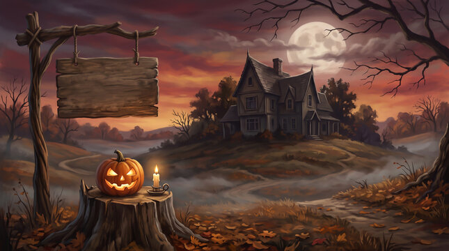 Spooky haunted house with a blank sign and jackolantern at dusk illustration
