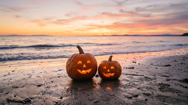 Jackolanterns on the beach at sunset with orange and golden hour lighting