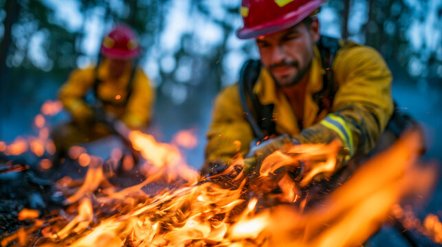Firefighters battling a wildfire with a powerful water hose amid flames, representing emergency response, forest fire suppression, courage and rescue work
