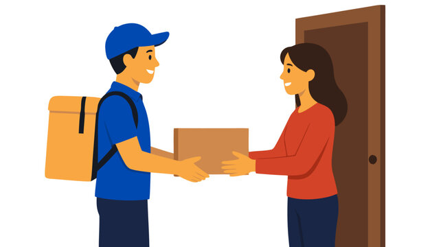 Delivery courier handing package to customer at doorstep, flat vector illustration with bold colors, modern logistics concept, same day delivery service, e-commerce shipping, package recipient