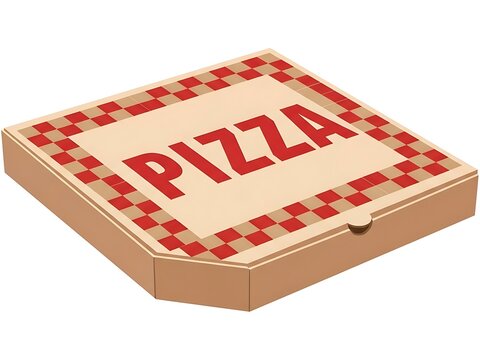 Delicious pizza in cardboard box with red and white checkered pattern for food delivery