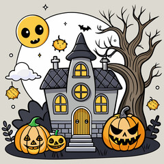 Fototapeta premium Cute cartoon illustration of a spooky haunted house with jack-o'-lanterns and a smiling full moon